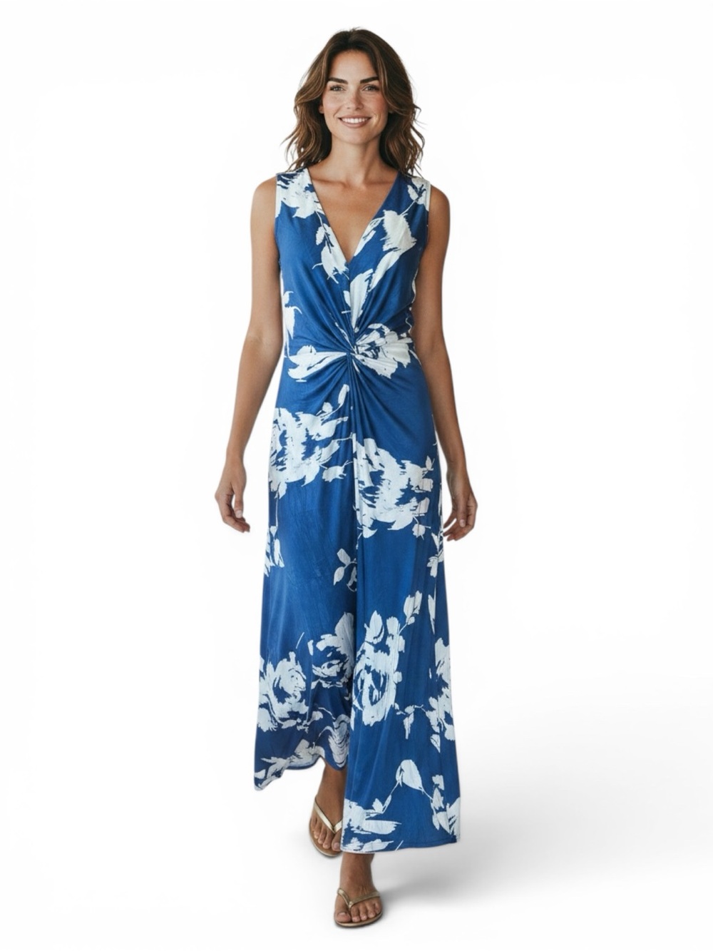 Clara Sunwoo Blue White Floral Twist Front Midi Dress Front Slit Sleeveless XS